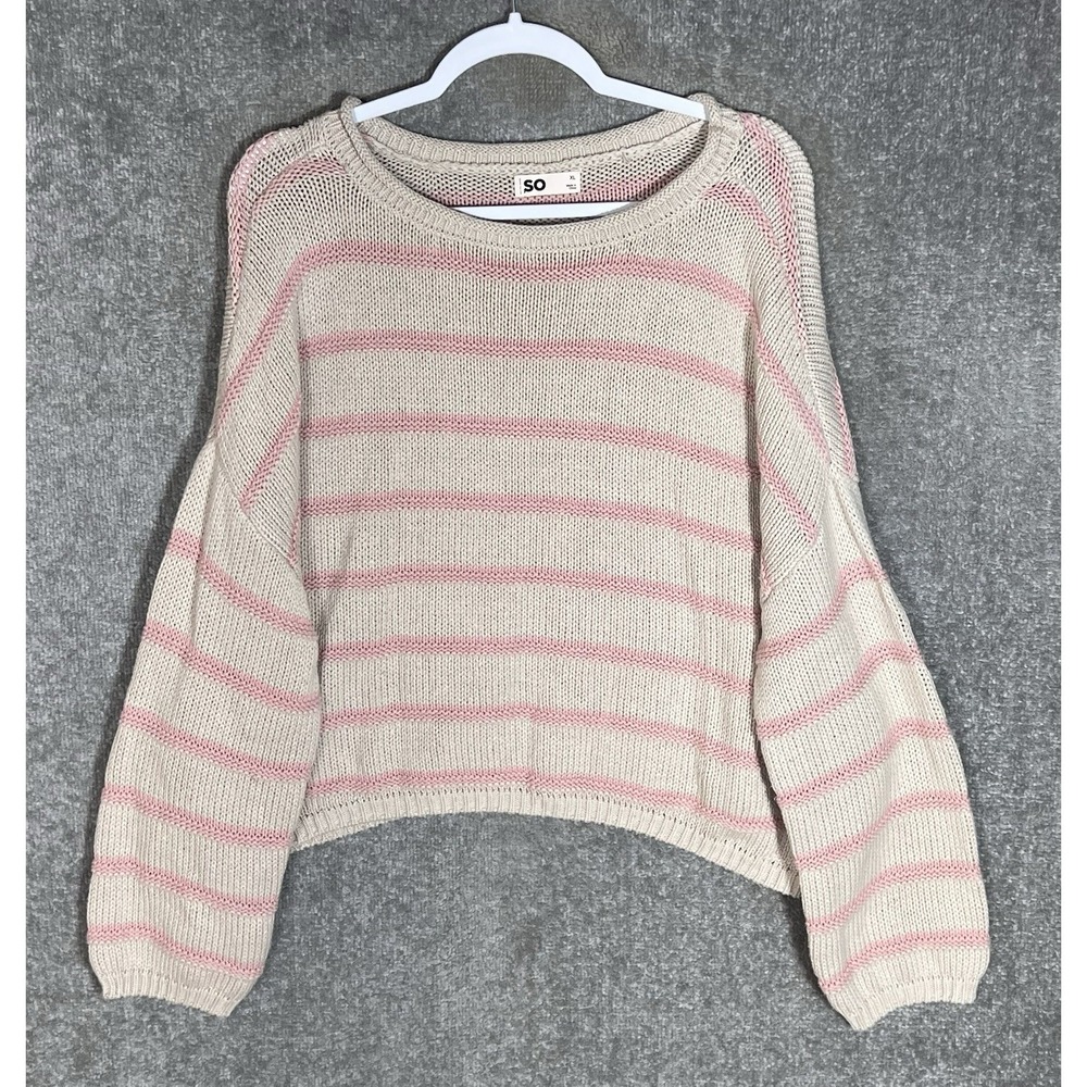 SO Drop Shoulder Open Knit Boxy Sweater Womens Sz XL Beige Pink Rolled Neckline